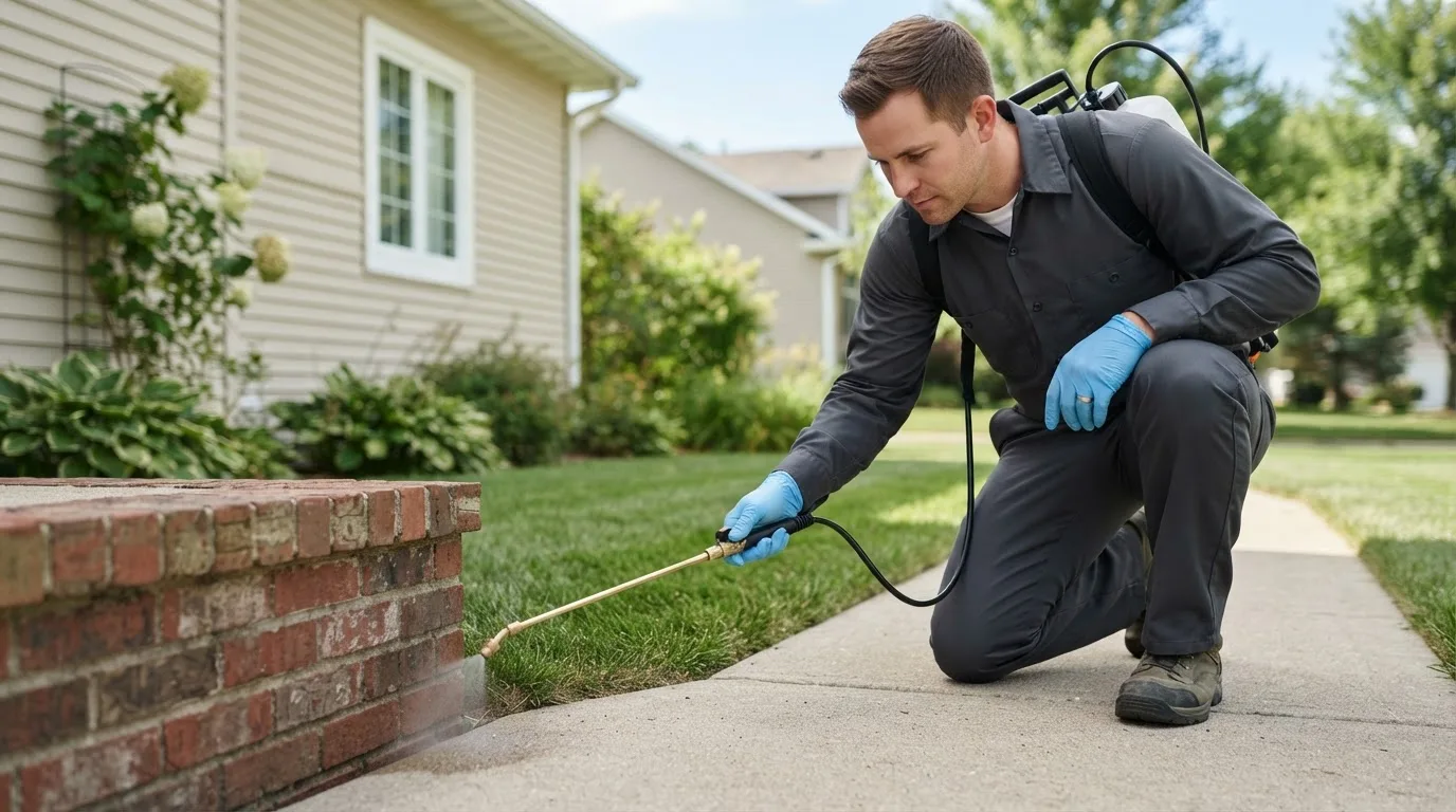 Pest control technician treating a home near Yellow Springs, OH